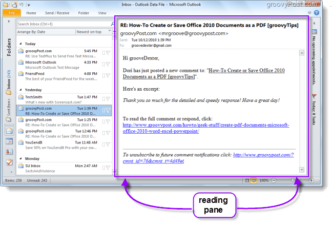 رسائل البريد الإلكتروني لعرض جزء قراءة Outlook 2010