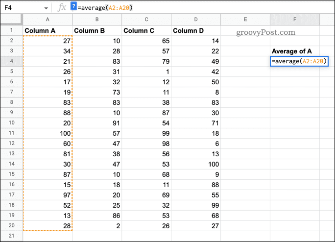 تستخدم وظيفة AVERAGE في جداول بيانات Google