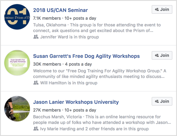 أمثلة على مجموعات Facebook لحضور الحدث