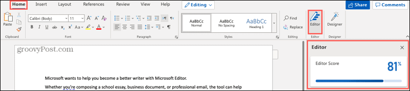 زر Microsoft Editor والشريط الجانبي في Word عبر الإنترنت