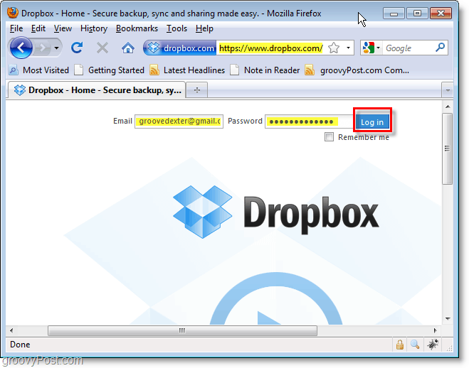 لقطة شاشة Dropbox - تسجيل الدخول إلى dropbox