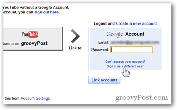 ربط حساب YouTube بحساب Google جديد - انقر فوق تسجيل الدخول كحساب مختلف