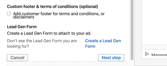 خيار Lead Gen Form في قسم المعلومات الأساسية في إعداد إعلان محادثة LinkedIn
