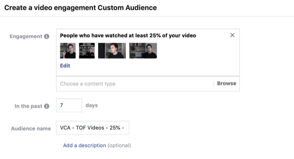 قم بإنشاء جمهور Facebook المخصص لمشاهدي الفيديو ، الخطوة 2.