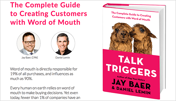 هذه لقطة شاشة لموقع Talk Triggers. يوجد على اليسار نص حول الكتاب وصور جاي باير ودانييل ليمن. يوجد على اليمين غلاف الكتاب لـ Talk Triggers.