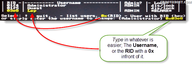 تحديد! ، استقال. - سرد المستخدمين ، 0x <RID> - مستخدم لديه RID (سداسي عشري) أو ببساطة أدخل اسم المستخدم للتغيير: [Administrator]