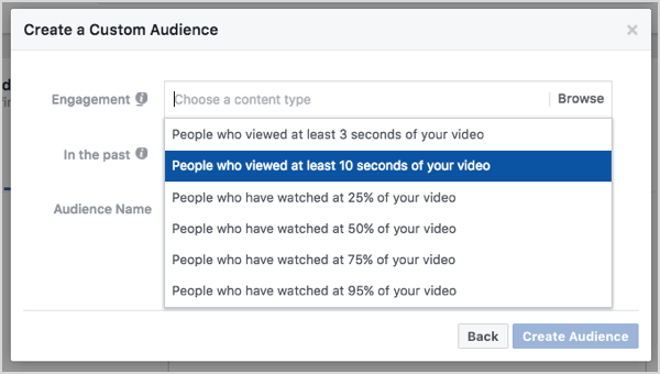 جمهور Facebook المخصص بناءً على مشاهدات الفيديو لمدة 10 ثوانٍ