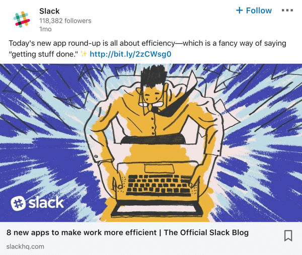 مثال على نشر صفحة شركة Slack LinkedIn.
