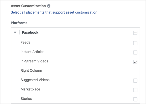 إذا كنت تريد عرض إعلانات الفيديو الخاصة بك على Facebook فقط ، فحدد In-Stream Videos ضمن Facebook.