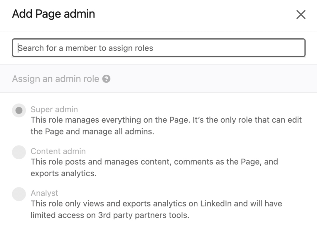 صورة مربع الحوار Add Page Admin في Linkedin