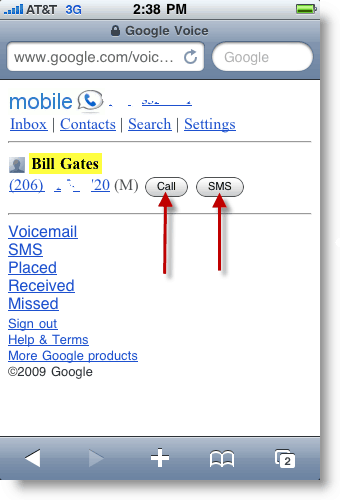قم بإجراء مكالمة أو إرسال رسالة نصية SMS من Google Voice Mobile