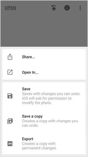 يمكنك مشاركة صورتك أو حفظها أو تصديرها في تطبيقات الجوال مثل Snapseed.