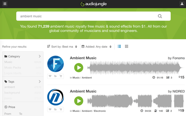 ابحث في مكتبة AudioJungle القوية للموسيقى والمقاطع الصوتية الخالية من حقوق الملكية بدءًا من 1 دولار.