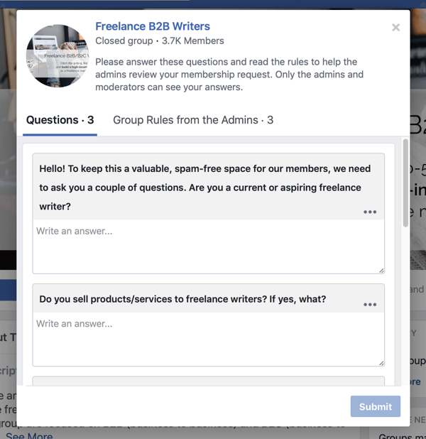 كيفية تحسين مجتمع مجموعة Facebook الخاص بك ، مثال على أسئلة الأعضاء الجدد في مجموعة Facebook بواسطة Freelance B2B Writers