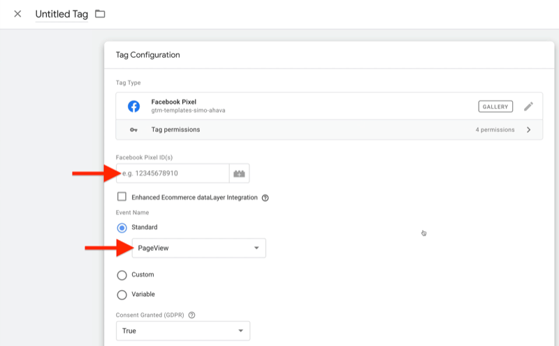 على سبيل المثال ، تكوين علامة جديدة من Google tag manager مع تعيين نوع العلامة على facebook pixel ، وتم تمييز حقل معرف facebook pixel ، إلى جانب اسم الحدث المحدد كمعيار وتعيينه على مشاهدة الصفحة