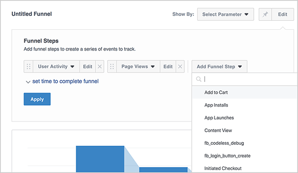 يشرح Andrew Foxwell كيفية إنشاء مسار تحويل مخصص في Facebook Analytics. في منطقة "خطوات مسار التحويل" ، يمكنك استخدام قائمة منسدلة بها خيارات يمكنك اختيارها ، مثل إضافة إلى عربة التسوق وتثبيتات التطبيقات وعرض المحتوى وما إلى ذلك. في كل مرة تحدد فيها خيارًا ، تظهر قائمة منسدلة جديدة على اليسار ، حيث يمكنك تحديد الخطوة التالية في مسار التحويل المخصص. يوجد أسفل تسلسل القوائم المنسدلة زر تطبيق أزرق. تظهر معاينة الرسم البياني القمعي الأزرق أثناء إنشائه.