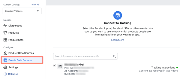 استخدم أداة إعداد حدث Facebook ، الخطوة 24 ، خيار القائمة لتوصيل Facebook pixel بالكتالوج الخاص بك