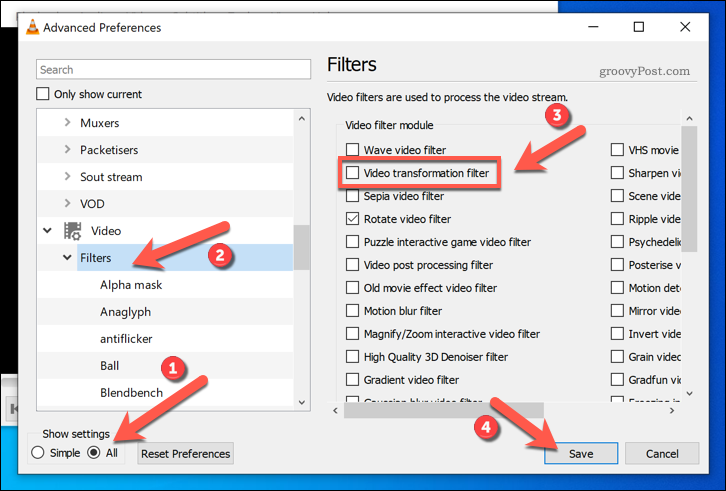 تمكين مرشحات تحويل الفيديو في VLC على Windows