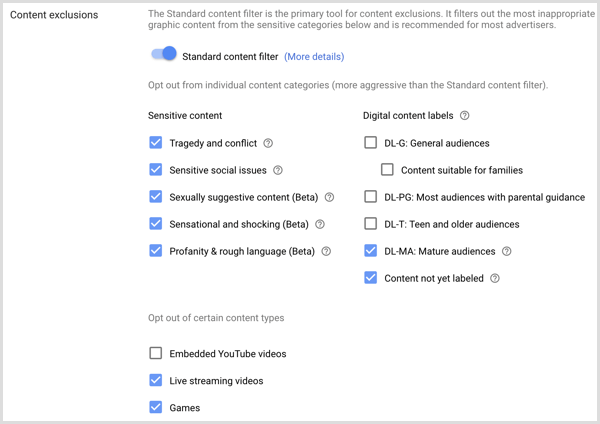 إعدادات استثناءات المحتوى لحملة Google AdWords.