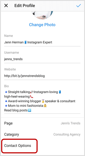 خيارات الاتصال على شاشة Instagram Edit Profile