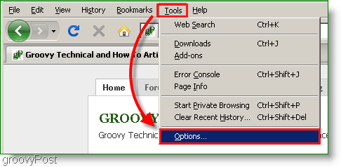 لقطة الشاشة: Firefox Tools ، قائمة الخيارات