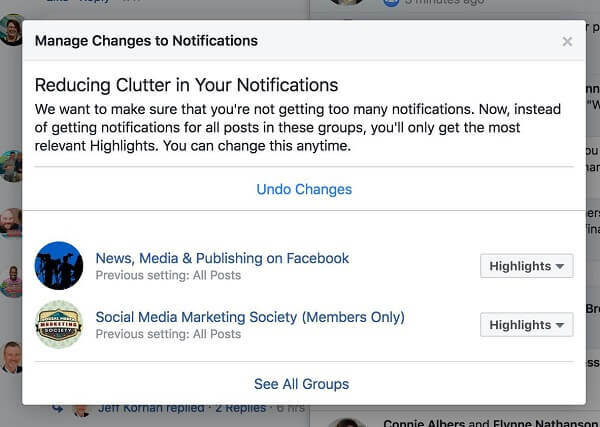 يعمل Facebook بنشاط على تقليل الفوضى من خلال عرض إشعارات أقل للمستخدمين من مجموعات معينة.