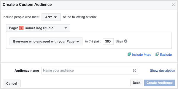 يتيح لك مربع حوار Facebook Create a Custom Audience إمكانية توجيه الإعلانات إلى الأشخاص الذين تفاعلوا مع موقع الويب الخاص بك في إطار زمني معين.
