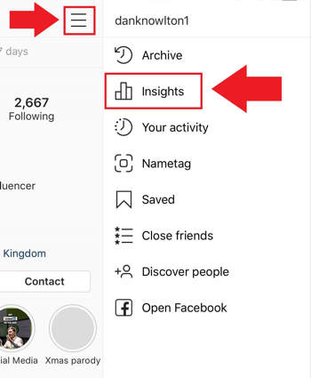 استراتيجية التسويق عبر وسائل التواصل الاجتماعي ؛ لقطة شاشة لمكان الوصول إلى Instagram Insights على تطبيق Instagram.