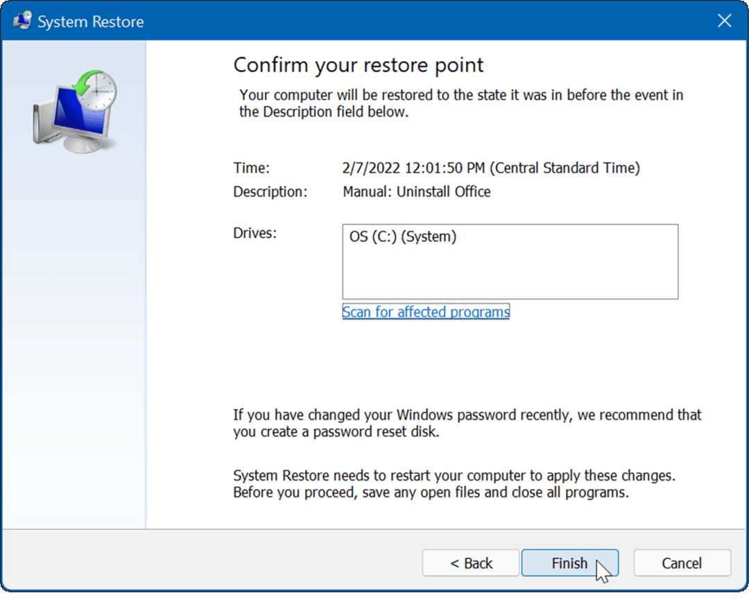 إنشاء نقطة استعادة على نظام التشغيل Windows 11
