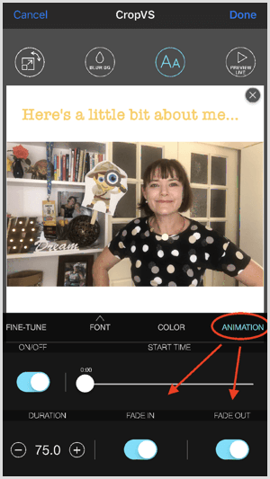 انقر فوق Animation لضبط إعدادات التلاشي والتلاشي في CropVS.