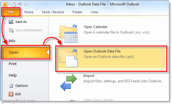 افتح المجلد الذي يحتوي على ملف الأرشيف pst من Outlook 2010