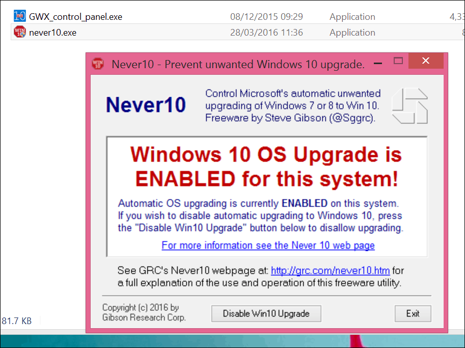 أوقف ترقية Windows 10 باستخدام Never 10 أو تطبيق GWX نفسه