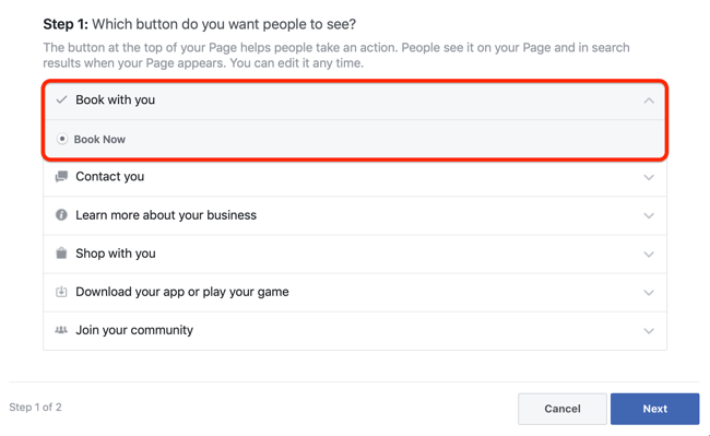 الخطوة 1 من كيفية إضافة CTA المواعيد إلى صفحة Facebook
