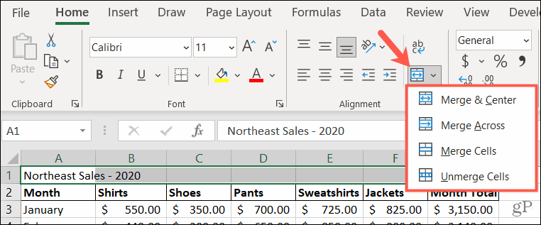 خيارات الدمج في Excel
