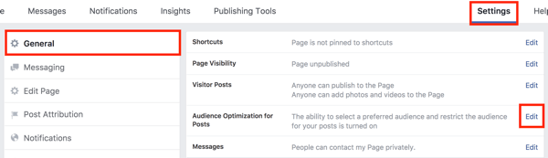 في إعدادات صفحة Facebook الخاصة بك ، انقر فوق الزر تحرير على يمين خيار تحسين الجمهور للمنشورات.