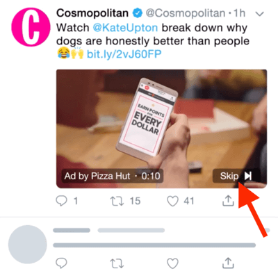 مثال على إعلان فيديو Twitter مع خيار تخطي الإعلان بعد 6 ثوانٍ.