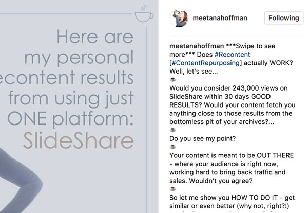 في التسمية التوضيحية لألبوم Instagram الخاص بك ، قم بتضمين بيان للتمرير لرؤية المزيد حتى لا يفوت جمهورك.
