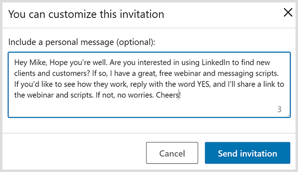 تستند دعوة ربط LinkedIn مع رسالة شخصية إلى اقتراحات John Nemo الأربعة.