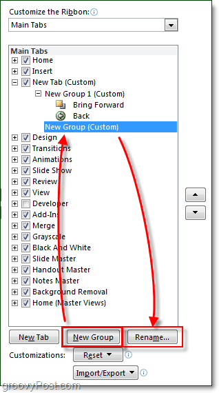 إعادة تسمية علامات التبويب والمجموعات في الشريط في Office 2010