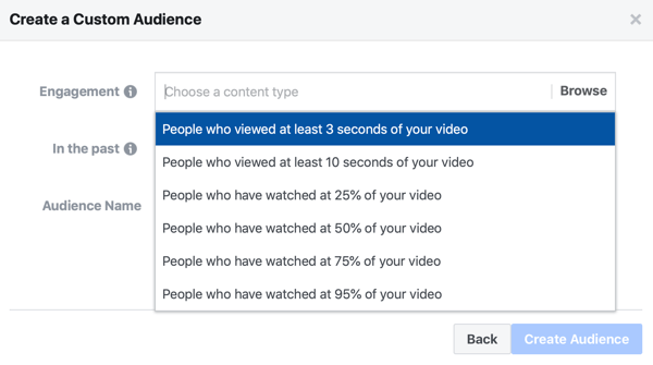 خيار لإنشاء إعلان Facebook جمهور مخصص للأشخاص الذين شاهدوا جزءًا من الفيديو الخاص بك.