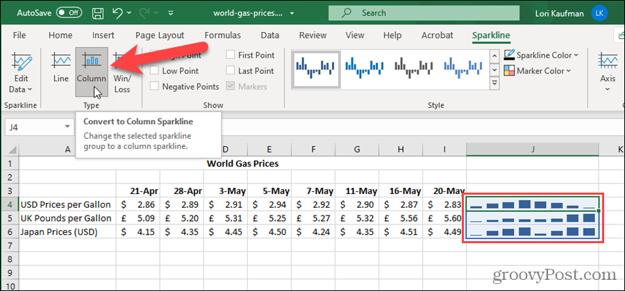 تغيير Sparkline Type في Excel