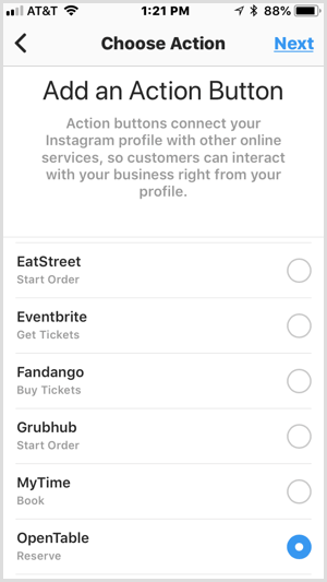 Instagram أضف شاشة زر الإجراء لخدمات الطرف الثالث