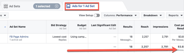 عرض مقاييس أداء إعلانات Facebook في Facebook Ads Manager.