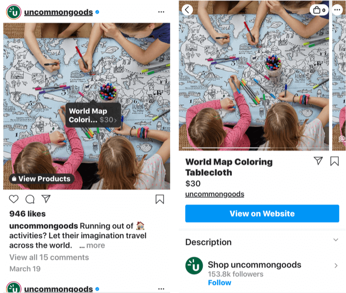 لقطات شاشة تعرض علامة instagram مضافة إلى منشور منتج قابل للتسوق بالإضافة إلى صفحة متجر المنتج بمجرد تحديد علامة نشر