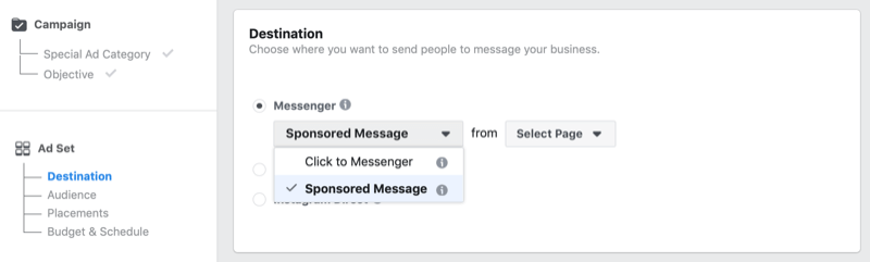 خيار الرسائل الدعائية على Facebook في Facebook Ads Manager