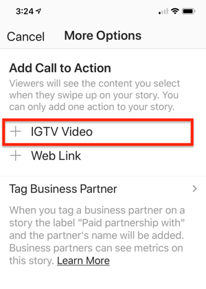 خيار لتحديد رابط فيديو IGTV لإضافته إلى قصة Instagram الخاصة بك.
