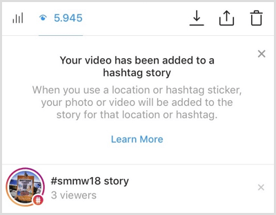 يرسل لك Instagram إشعارًا إذا تمت إضافة المحتوى الخاص بك إلى قصة الهاشتاج.