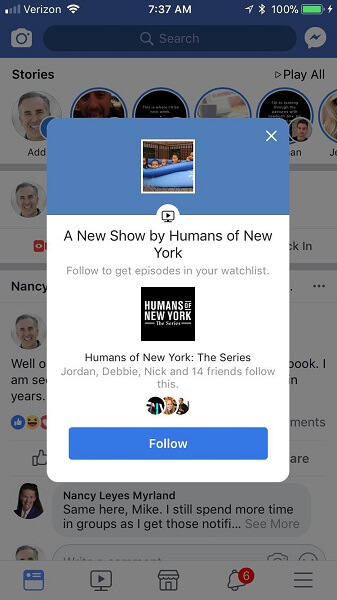 ينبه Facebook مستخدمي الأجهزة المحمولة عند توفر حلقات جديدة للمشاهدة.