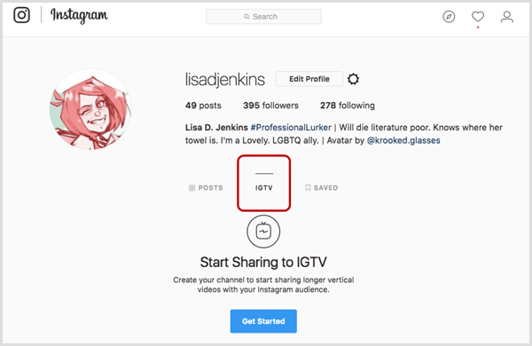 علامة تبويب IGTV في ملف تعريف Instagram.