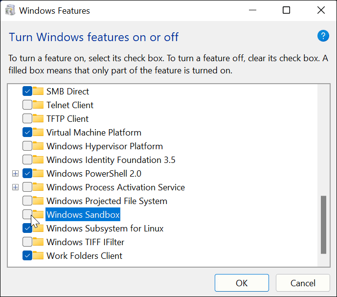 قم بإلغاء تحديد Windows Sandbox